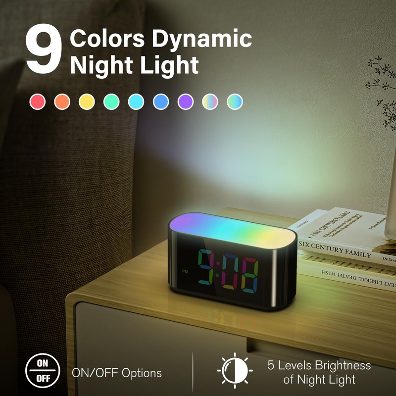 HOUSBAY Digital Alarm Clock for Bedroom, 9 Colors Dynamic Night
