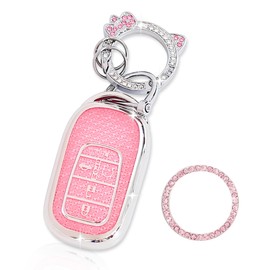 YILINXI Key Fob Cover with Bling Cute Cat Clip Keychain& Push to Start Button Ring, Car Key Shell Compatible with Honda 2023 2024 Accord Civic HRV CRV Pilot Smart Key for Women, Pink-5 Buttons