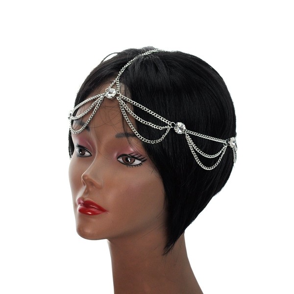 Women's Bohemian Fashion Head Chain Jewelry - Rhinestone Charm 2 Draping Strand, Silver-Tone