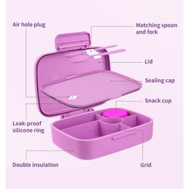 ANDMOON Bento Lunch Box with Kids/Adults, 5 Compartments Leakproof Lunch Container with Dressing Cup, Eco-Friendly Double Insulated Boxes, Dishwasher and Microwave Safe, BPA-Free (purple)