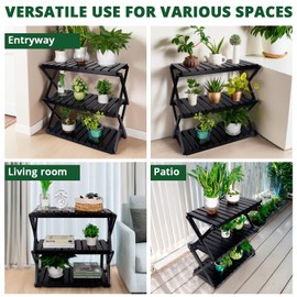 BEEFURNI Acacia Plant Stand Indoor, Wooden Outdoor Planter Stand, 3 Tier Succulent Shelf, Easy Assembly, Bench Patio Balcony Sunroom Decor, Flower Garden Shelf, 1-year Manufacturer Warranty (Black)