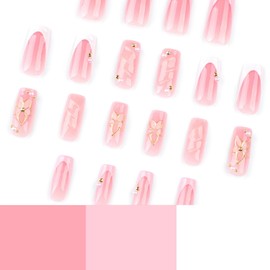 Long Square Press on Nails 3d Fake Nails Full Cover Pink White False Nails with Flower Charm deisgns Stick on Nails French Tip Press ones Pearl Rhinestones Glue on Nails for Women 24pcs