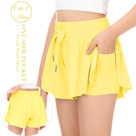 Girls Athletic Flowy Shorts with Pocket 2 in 1 Butterfly Shorts for Teen Girls Youth Running Sports Spandex Shorts Yellow Large