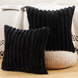 Madizz Set of 2 Faux Fur Plush Decorative Throw Pillow Covers 18x18 inch, 45x45 cm, Black Fluffy Striped Soft Decorative Cushion Cover for Sofa Bedroom Pillow Shell