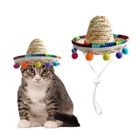 AWOCAN Pet Straw Hat Funny Mexican Sombrero Cap Rainbow scarf Party Decorations for Birthday for Small Pets, Puppy, Cat (multicolour)