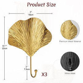 Oairse 3 x Decorative Coat Hooks Gold Coat Hooks Vintage Wall Hooks Coat Hooks in Ginkgo Biloba Shape for Jackets, Scarves, Bags, Backpacks, Towels and More, Retro Shabby Chic Country House Style