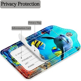 Funny PU Leather Luggage Tags 2-Pack Ocean Dolphin Sea Fish Coral Cute Pattern Suitable for Suitcase Stainless Steel Loop and Address Card Essential for Cruise and Airport Travel for Men and Women