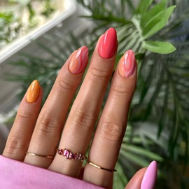 Colorful Press on Nails Short Fake Nails Red Pink Yellow Glue on Nail Almond False Nails Glossy Full Cover Nails Press Ons for Women DIY Stick on Nail Decoration Set 24Pcs