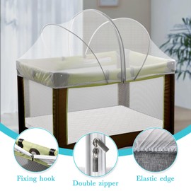 jiangcha Pack N Play Tent Cover - Bassinet Cover for Pack N Play/Travel Crib/Mini Crib/Playpen, Bassinet Mosquito Net Cover with Two-Way Zippers (White-Large)