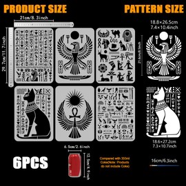 FINGERINSPIRE 6 Painting Stencils with Egyptian Symbols and 1 Plastic Brush 21 x 29.7 cm Horus Falcon Stencil Anka Wings Sun Cats Pattern Egyptian Stencil for Painting on Wood Walls Furniture