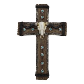 Ebros Gift Rustic Western Turquoise Suns With Longhorn Bull Cow Skull Wall Cross Decor Plaque Vintage Design Hanging Sculpture 12" High Catholic Christian Inspirational Accent Decorative Crosses