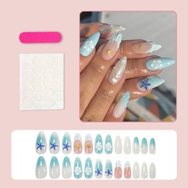 Summer Ocean Press on Nails Medium Almond Fake Nails 3D Blue Starfish False Nails with Gold Bead Charms Design Acrylic Nails White Flowers Glue on Nails Waves French Tip Stick on Nails for Women 24Pcs