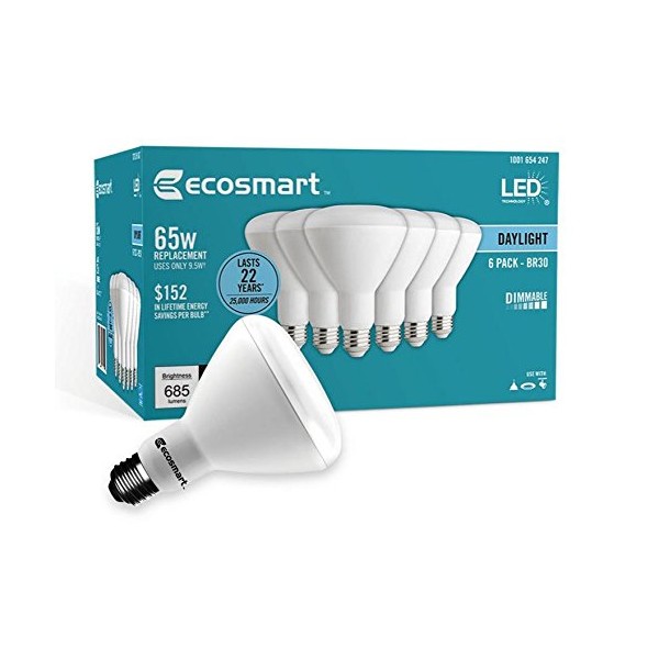 (12-Bulbs) EcoSmart 65-Watt Equivalent BR30 Dimmable LED Light Bulb, Daylight