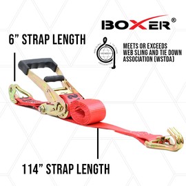 BoxerTool Heavy Duty Car Tie Down Kit with J Hook Safety Latch - Break Strength 10,000 lbs-Working Load 3333 lbs – 2” x 114” Premium Red Strap (4 Pack)