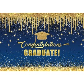 Felortte 12x8FT Polyester Fabric Gold and Blue Graduation Photography Backdrop Congratulations Congrats Grad Background for Class of 2025 Graduation Prom Party Decoration Banner Picture Photo Studio