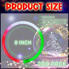 Hanaive 200 Pcs Christmas 8'' Glow Stick Bracelet Bulk Red Green White Glow Stick Bracelet Glow in the Dark Christmas Party Supplies Light up Bracelet for Neon Birthday Memorial Day Favors