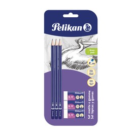 Pelikan 24005807 - Set of 3 Graphite Pencils HB and 3 Rubber AL30, School Set, FSC Certified Wood, Shaft with Hexagonal Cross Section, Shatterproof Leads