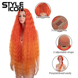 Style Icon 41" Lace Front Wigs Long Wavy Synthetic Wigs with Baby Hair Half Hand Tied 130% Density Wigs (41", T-RED/ORANGE)