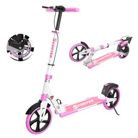 MEE GOO Scooter with Disc Brake & Dual Shock Absorbers,200mm PU Wheels ABEC-7 Bearings,Foldable Scooter for Teen&Adult,Non-Slip Deck,Kick Scooter (Pink)