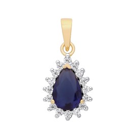 Old English Jewellers 9ct Yellow Gold on Silver Blue Sapphire & CZ Teardrop Pear Cluster Pendant Necklace 16" 18" 20" Chain Option (20)