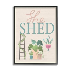 Stupell Industries She Shed Sign Tropical Plants Ladder and Green Vines, Designed by Louise Allen Black Framed Wall Art, Off-White