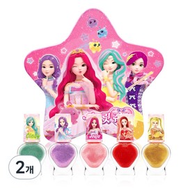 Little Bling Secret Juju Star Goddess Tin Case Children's Nail 5-piece Set, Cindy Mint + Stella Purple + Juju Pink + Spica Red + Zenigold, 2 Pieces / 리틀블링 시크릿쥬쥬 별의여신 틴케이스 어린이 네일 5종 세트, 신디민트 + 스텔라퍼플 + 쥬쥬핑크 + 스피카레드 + 제니골드, 2개