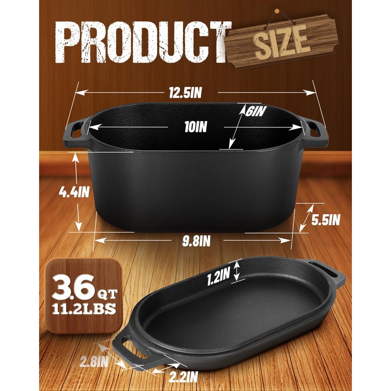 Oval Dutch Oven for Bread Baking, 3.6qt, Black, Up To