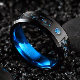 8mm Mens Balck and Blue Carbon Fiber Tungsten Rings Blue CZ Inlay Wedding Band Size 6