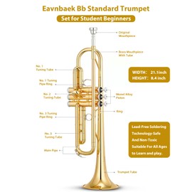 Eavnbaek Bb Standard Trumpet Set for Beginner or Advanced Student, Brass Student Trumpet Instrument with Hard Case, Cleaning Kit, 7C Mouthpiece and Gloves (Gold)