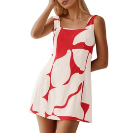 MISSACTIVER Women Sleeveless Linen Mini Dress Print Backless Square Neck Tank Dress Boho Vacation Sundress Shift Dresses Red
