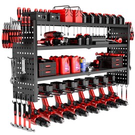Power Tool Organizer Wall Mount, 4 Layer Heavy Duty Garage organizer Loads 280lbs, Tool Organizers with 8 Drill Hanger, Battery Tools Holder Garage Storage Organization for Workbench, Pegboard, Shed