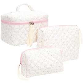 PAZIMIIK 3PCS Makeup Bag SET Large Travel Quilted Zipper Soft Cosmetic Case Pouch for Women Girls Make Up,Little Flower Pink