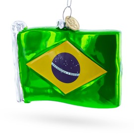 Waving Flag of Brazil Blown Glass Christmas Ornament