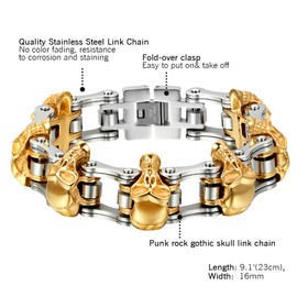 Cupimatch Men's Bracelet Stainless Steel Skull Bracelet, 16 mm Wide Heavy Stainless Steel Skull Bicycle Chain Biker Motorcycle Chain High Gloss Polished Rock Bangle Silver Black Gold, Stainless Steel,