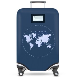 ASANGO Travel Luggage Cover With Integrated Name Tag, Fits 28-30 Inch XL Suitcases, World Map Navy Blue, TSA Friendly, Elastic, Zippers and Buckle, Two-in-One Design, Luggage Protector with ID Tag.