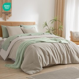 PHF 3 Pieces Natural Waffle Weave Comforter Set Queen Size - Ultra Soft Textured Waffle Comforter with 2 Pillow Shams, Lightweight Breathable Comfy Bedding Set for All Season, Natural/Linen