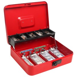 Cash Box with Money Tray and Combination Lock, Parrency Large Money Box, 5 Compartments for Cions & 4 Spring-Loaded Clips for Bills, 11 4/5" x 9 2/5" x 3 1/2", Red