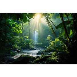 Aquarium Background Waterfall Tropical Forest Terrarium Backdrop Lush Rainforest Sunlight Filtering Through Thick Foliage Fish Tank Background Tank Aquarium Wallpaper Poster Vinyl 30x12in
