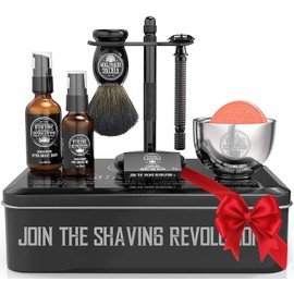 Viking Revolution Luxury Safety Razor Shaving Kit - Includes Double Edge Safety Razor, Stand, Bowl, After-Shave Balm, Pre-Shave Oil, Badger Brush - Safety Razor Kit