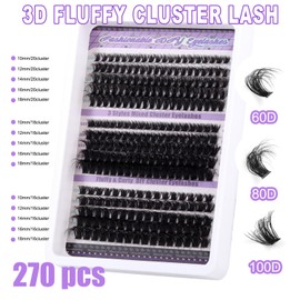 LYMYBETY Fluffy Individual Eyelashes Kit 270Pcs D Curl Cluster Lashes 10-18mm DIY Lash Extension kit Russian Individual Eyelashes with Lash Bond and Seal,Tweezers for Beginners(60+80+100 KIT, 10-18mm)