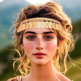 Lorealri Boho Gold Coin Headband, Bohemian, Vintage Style Head Chain, Festival Hair Accessory for Women