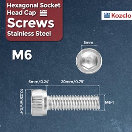 Kozelo 25pcs Hex Socket Bolts [M6 1x20mm] 304 Stainless Steel DIN912 Full Thread Cap Bolts Allen Socket Drive Hex Head Screws Electric Motor 3D Printer Fan Engine Anti-Loosen Replacement Silver