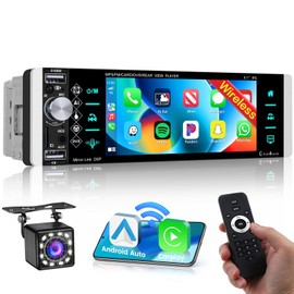 Hikity Wireless Carplay Car Radio 1 DIN Wireless Android Car with 5 Inch Car Radio Touch Display with Bluetooth Hands-Free Kit FM AM RDS USB AUX Reversing Camera Microphone