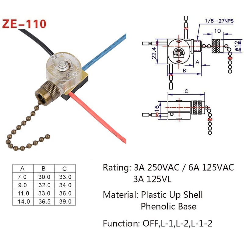 Zing Ear ZE-110 Ceiling Fan Light Switch, Replacement Lamp Pull