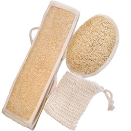 JouiiSiYa Natural Loofah and Sponge Set, Back Scrubber for Shower with Soap Bag. Body Exfoliating Loofah Sponge for Women and Men, 3-pcs