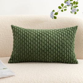 UGASA Soft Corduroy Decorative Pillow Cover 12x20 Inch Boho Striped Oblong Throw Pillow Cover Rectangle Lumbar Modern Home Decor for Sofa Living Room Couch Bed Moss Green 1 Piece