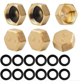 Brass Blanking Caps 3/8 6 Pcs Compression Washing Machine 3/8 Brass Blanking Nut Cap Female with Sealing Washer for Radiator Valve Pipe Fittings