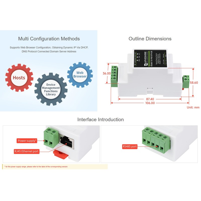 Waveshare Industrial Serial Server (2pcs), RS485 to RJ45 Ethernet, TCP/IP