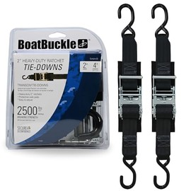 BoatBuckle F14207 Transom Boat Tie Down Straps to Trailer, 2-In x 4-Ft, 2-Pack, 2500lbs Break Strength Each, Heavy Duty Ratchet Straps Transom Tie-Downs, Zinc-coated Steel Ratchet & Rubberized S-Hooks