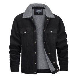 CRYSULLY Corduroy Jackets for Men Fleece Lined Jacket Warm Winter Sherpa Jacket Windproof Cotton Jackets Black XL